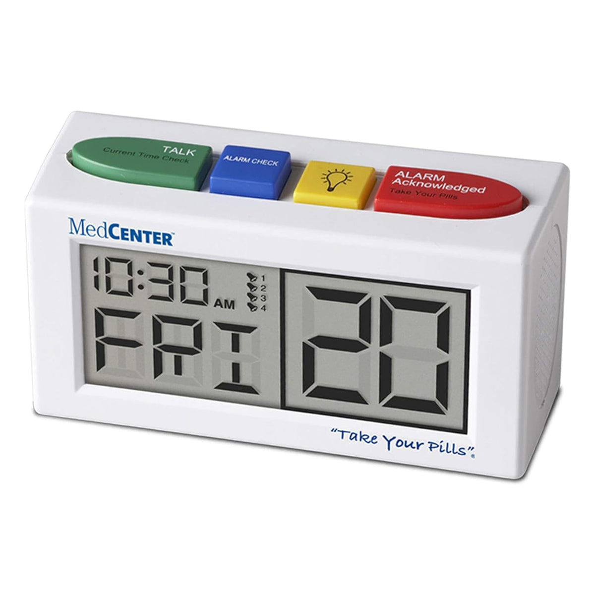 MedCenter Talking Alarm Clock front view shows time and date for reliable reminders.