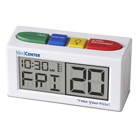MedCenter Talking Alarm Clock front view shows time and date for reliable reminders.