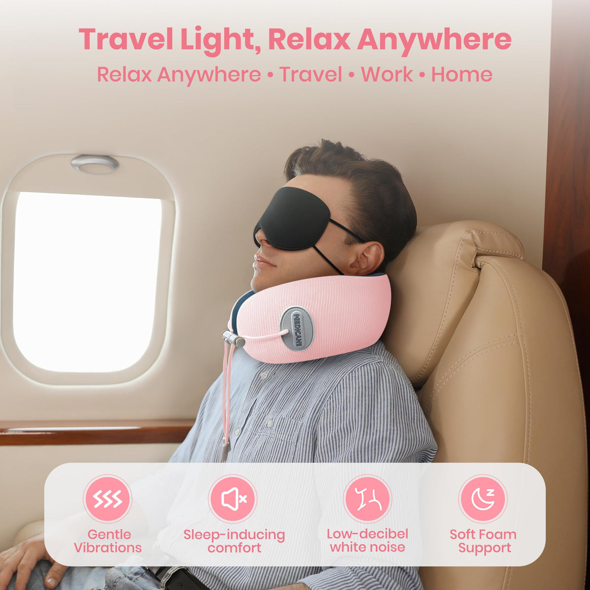 Medicane pink neck travel pillow heat settings offer personalized warmth.