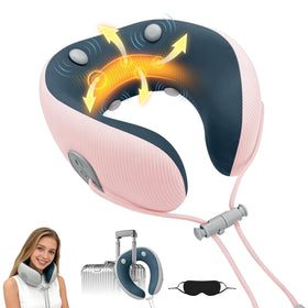 Medicame pink neck travel pillow with massage for comfortable flights.