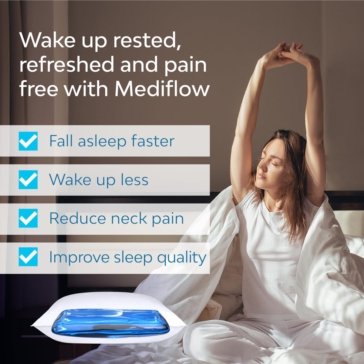 Mediflow Water Pillow on a bed demonstrating nightly use for better rest.