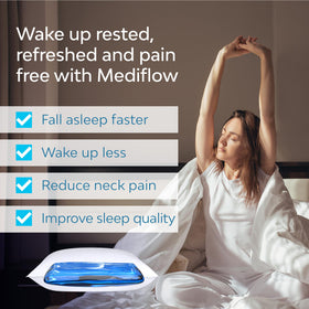 Mediflow Water Pillow on a bed demonstrating nightly use for better rest.