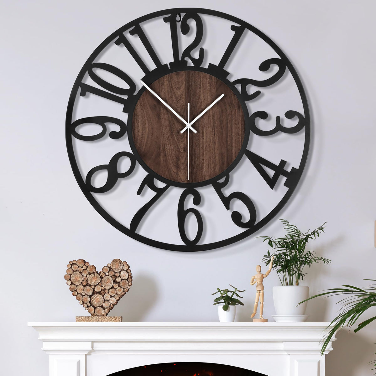 Mee 2ou Large Wall Clock with round black metal frame, ideal for living rooms.