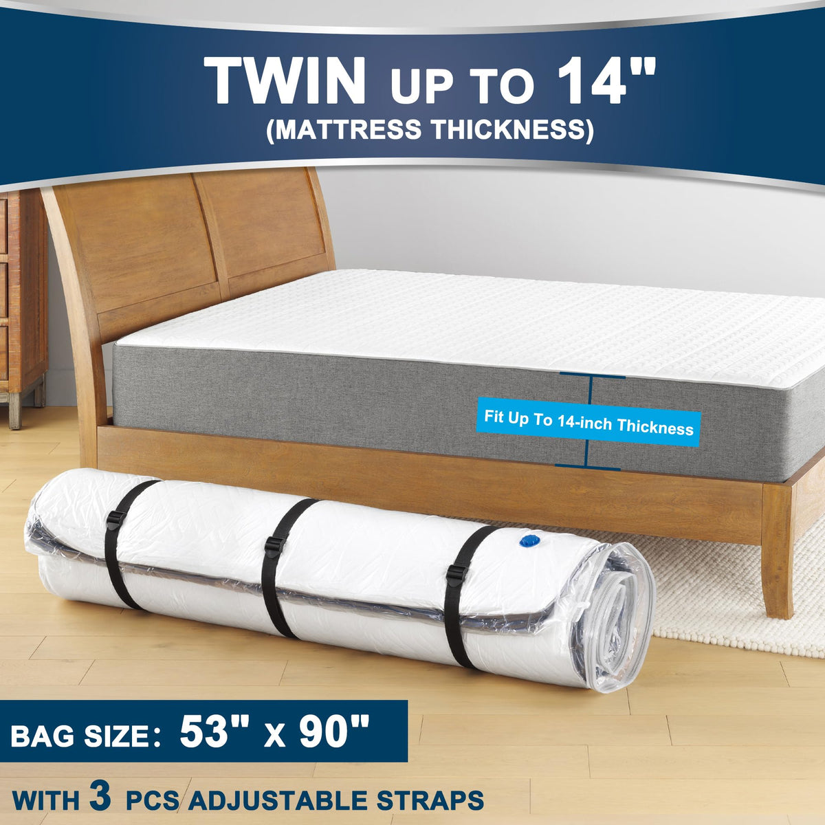Meersburg vacuum mattress bag showing double-seal zipper for secure compression.