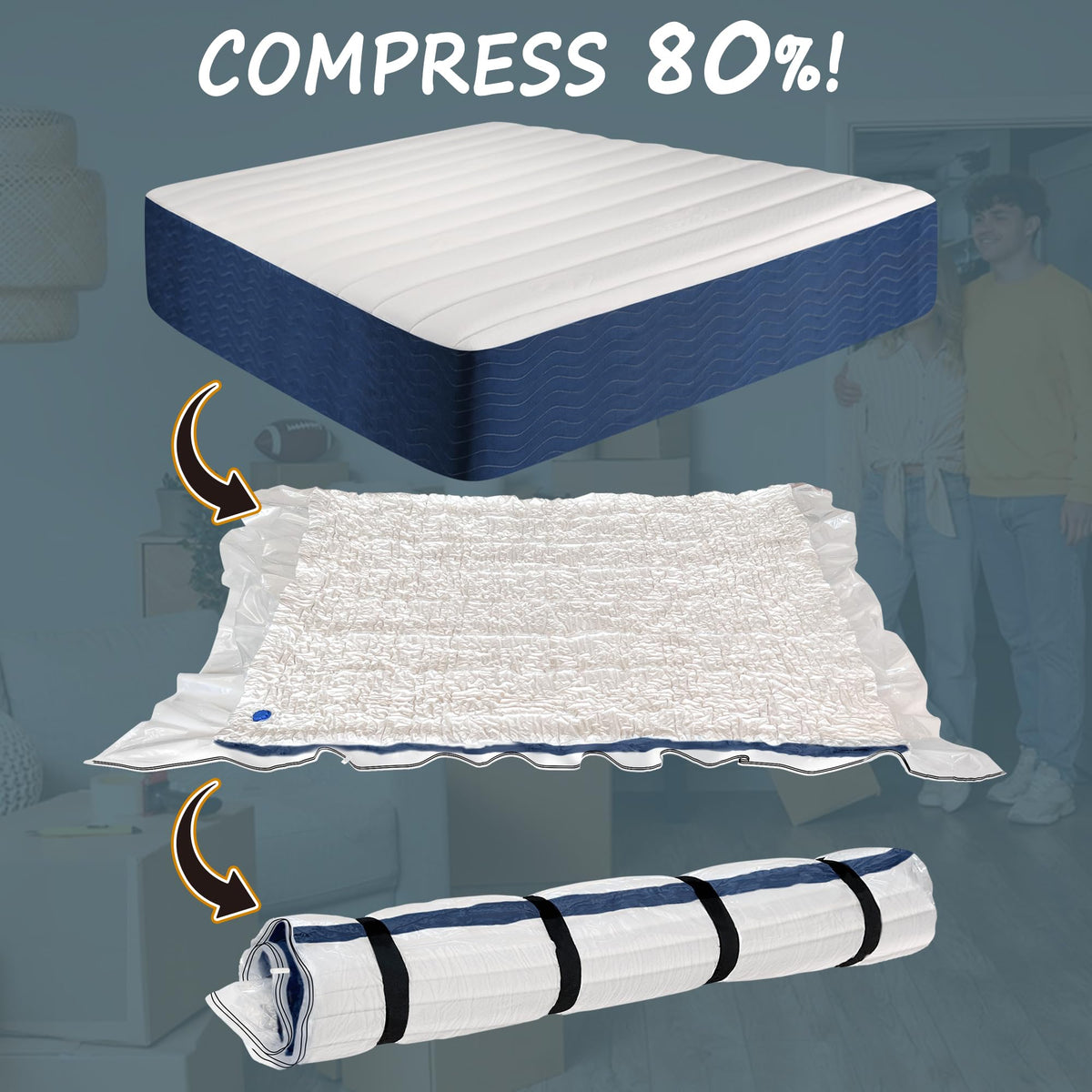 Meersburg mattress storage solution in closet scene emphasizes easy transport and organization.