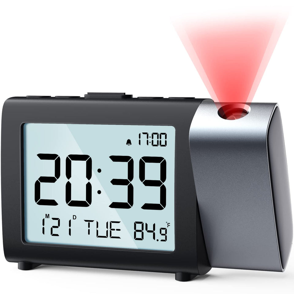 MeesMeek projection alarm clock on nightstand with ceiling readout for easy night viewing.