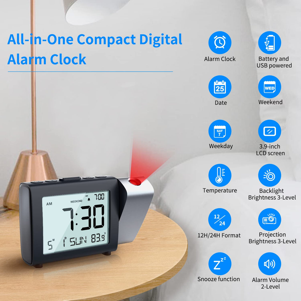 MeesMeek projection clock showing 180-degree swivel for flexible placement and readability.