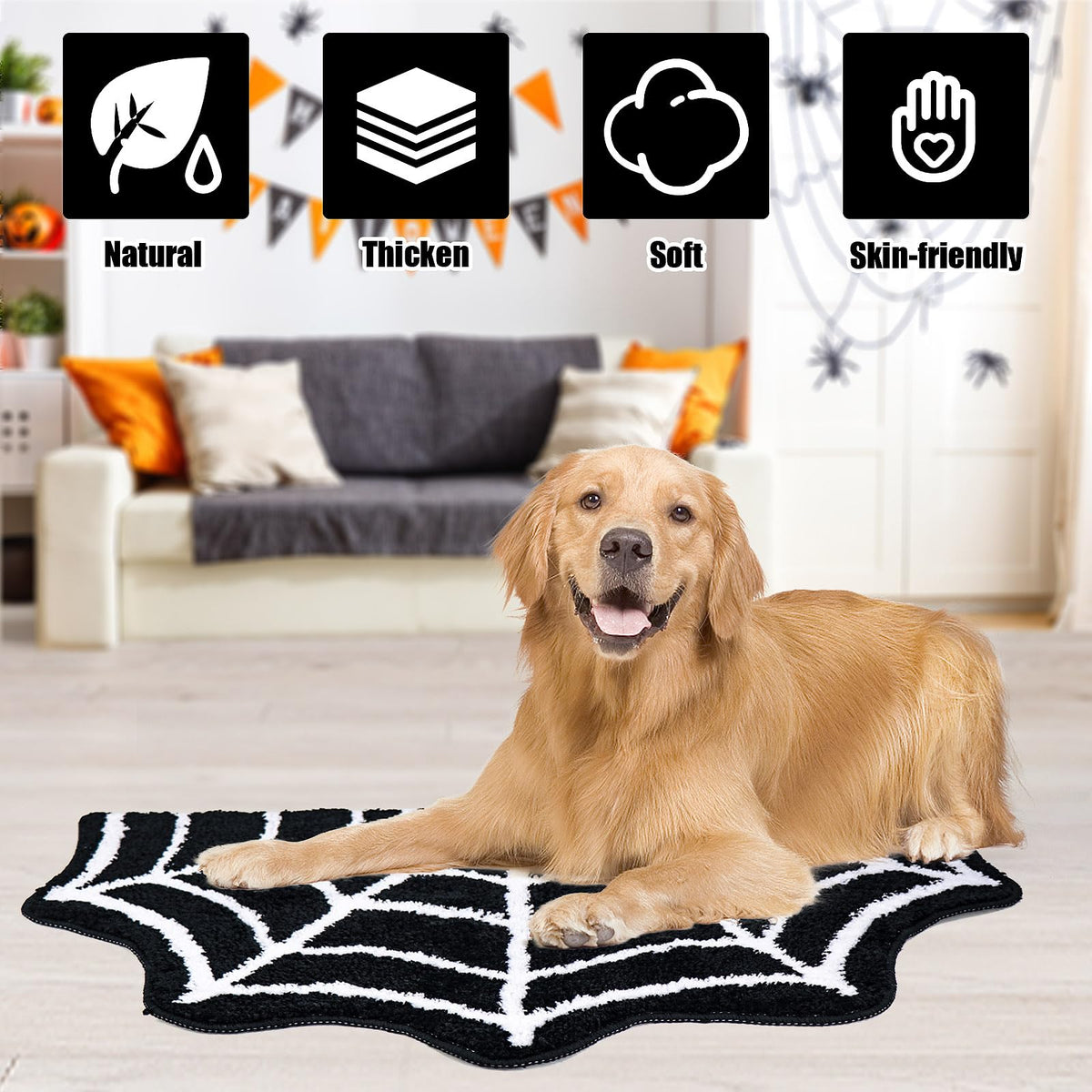 Meetory spider web porch mat welcomes guests with Halloween flair.