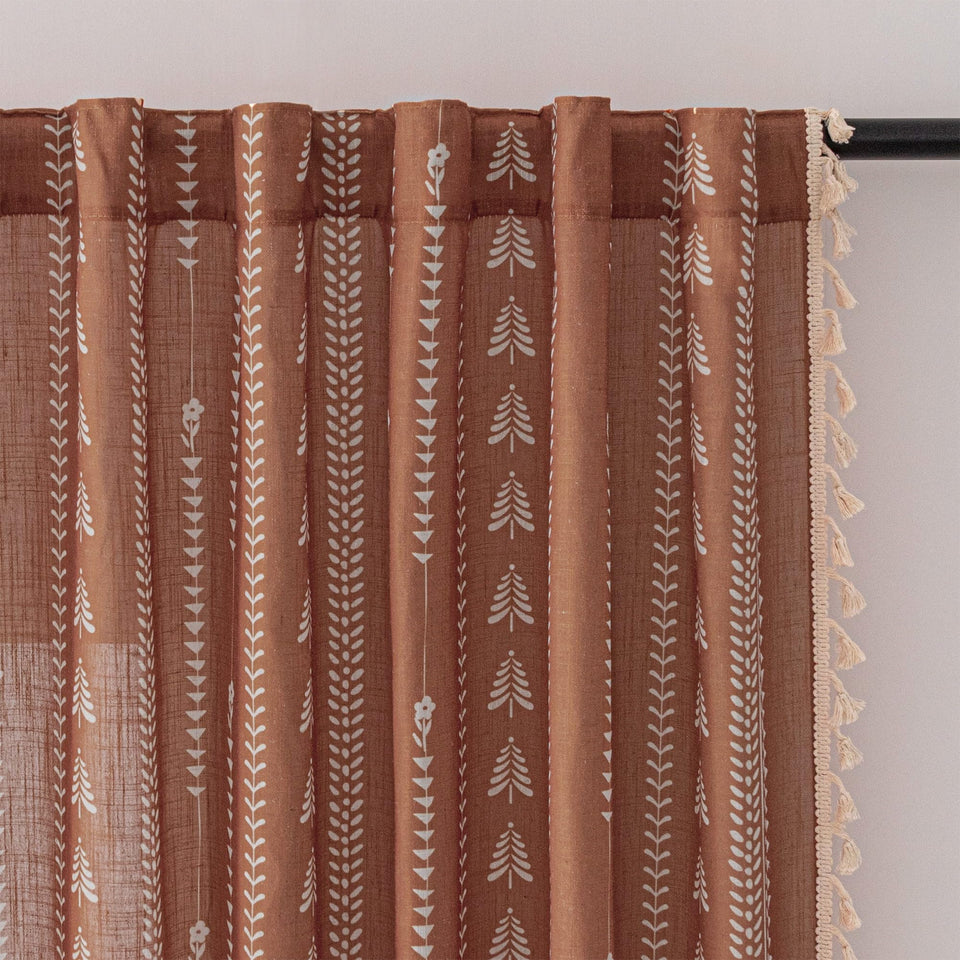 MEETSKY Boho Curtains terracotta panel front view for breathable living room ambiance.