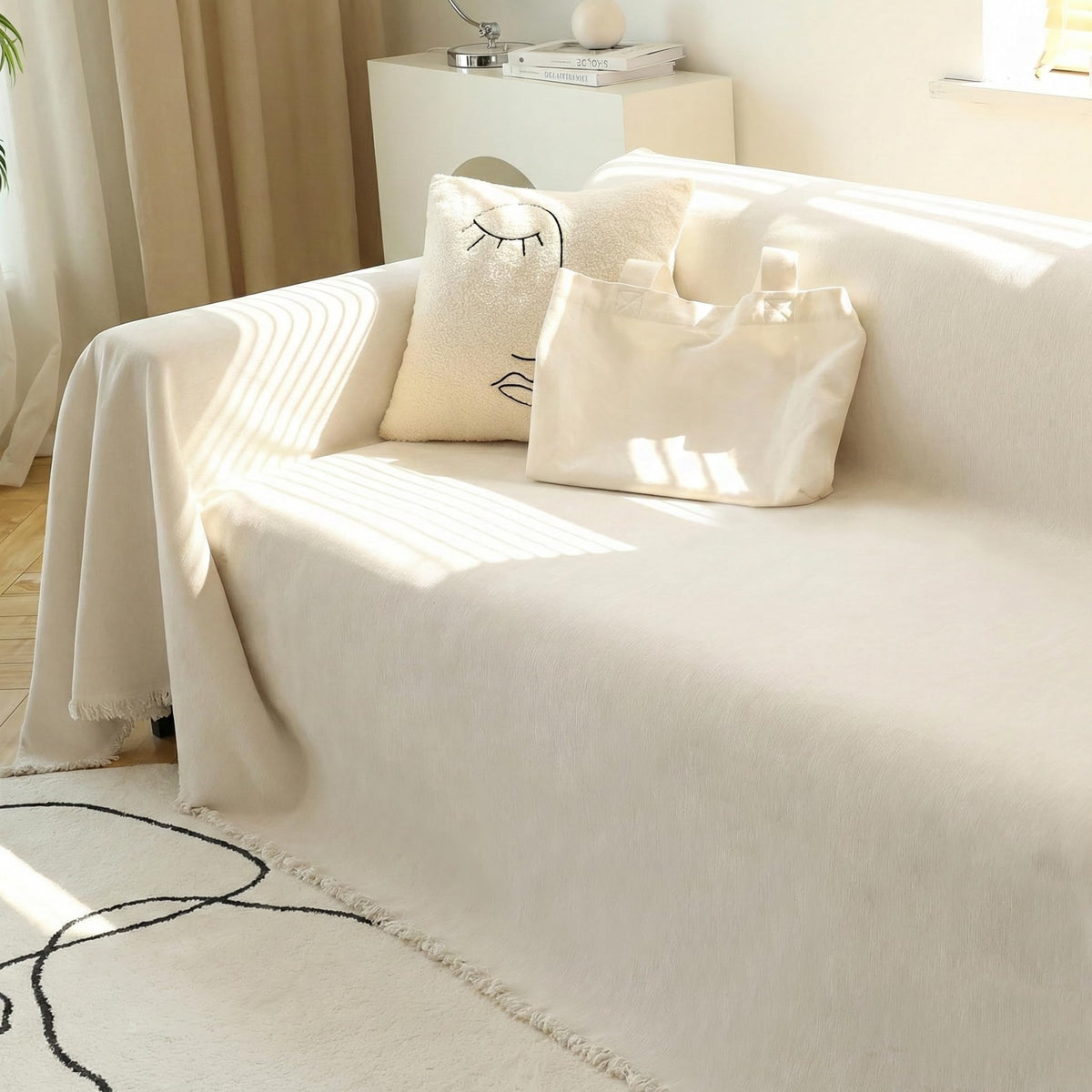 MEETSKY couch cover beige tassels protects and refreshes the sofa