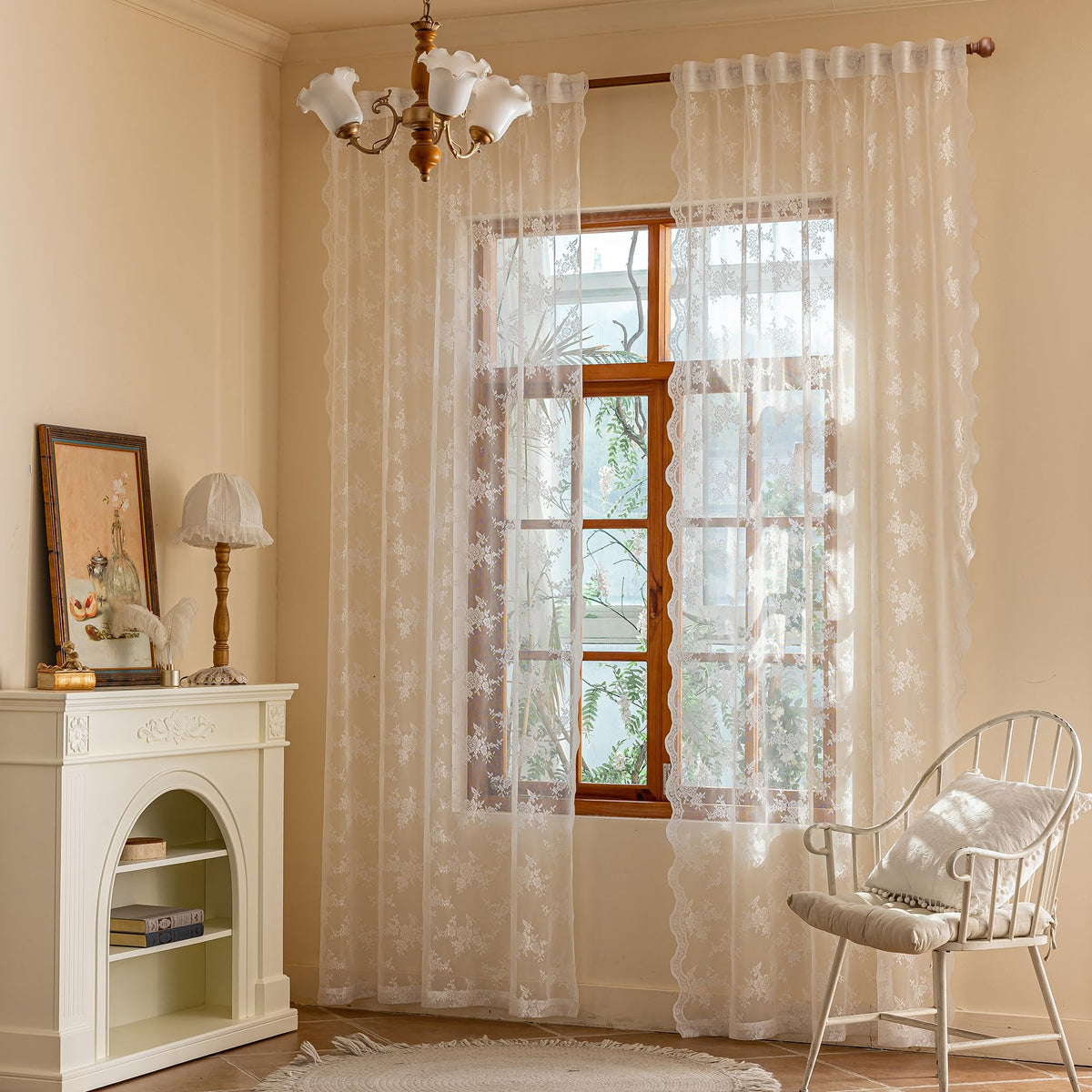 MEETSKY floral lace sheer curtains add romantic ambiance to bedroom.