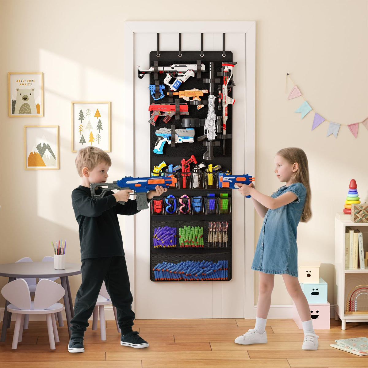 Mefirt door hanger stores gun accessories like darts and goggles for quick access