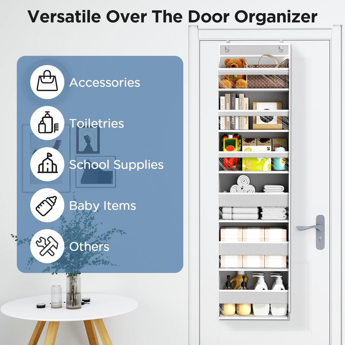 Mefirt easy-install door organizer mounts in minutes for instant extra storage.