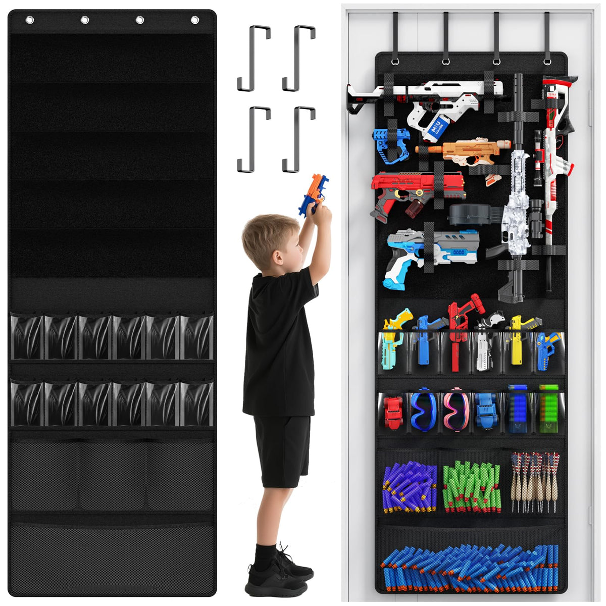 Mefirt over door organizer for toy guns keeps foam blasters neatly within reach