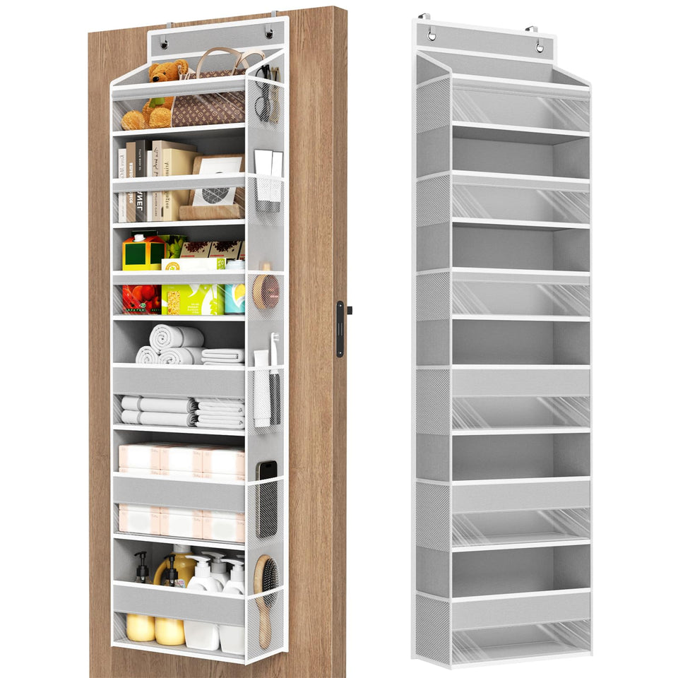 Mefirt over-the-door organizer with six shelves provides ample bathroom closet storage.