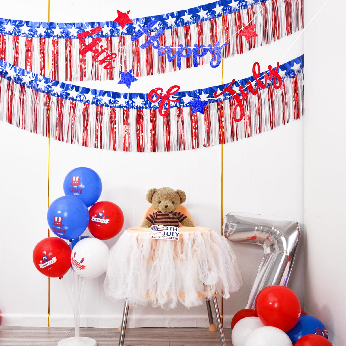 Mega-L red white blue star garland for patriotic celebrations.