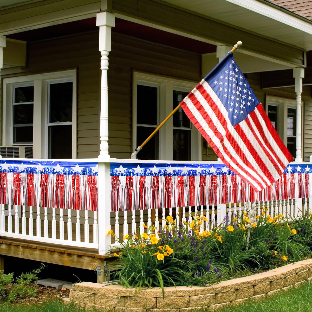 Mega-L parade float decor enhances patriotic theme.