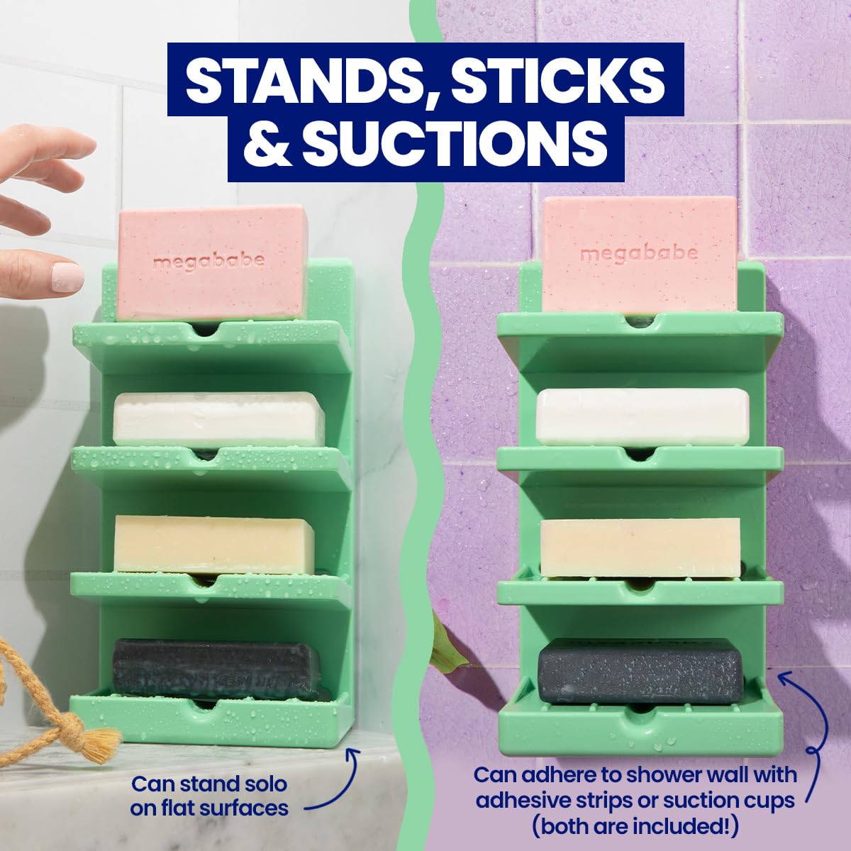 Megababe bar soap tower with adhesive strips mounted on shower wall.