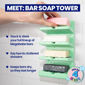 Megababe bar soap tower suction cups secured to tile for easy drying.