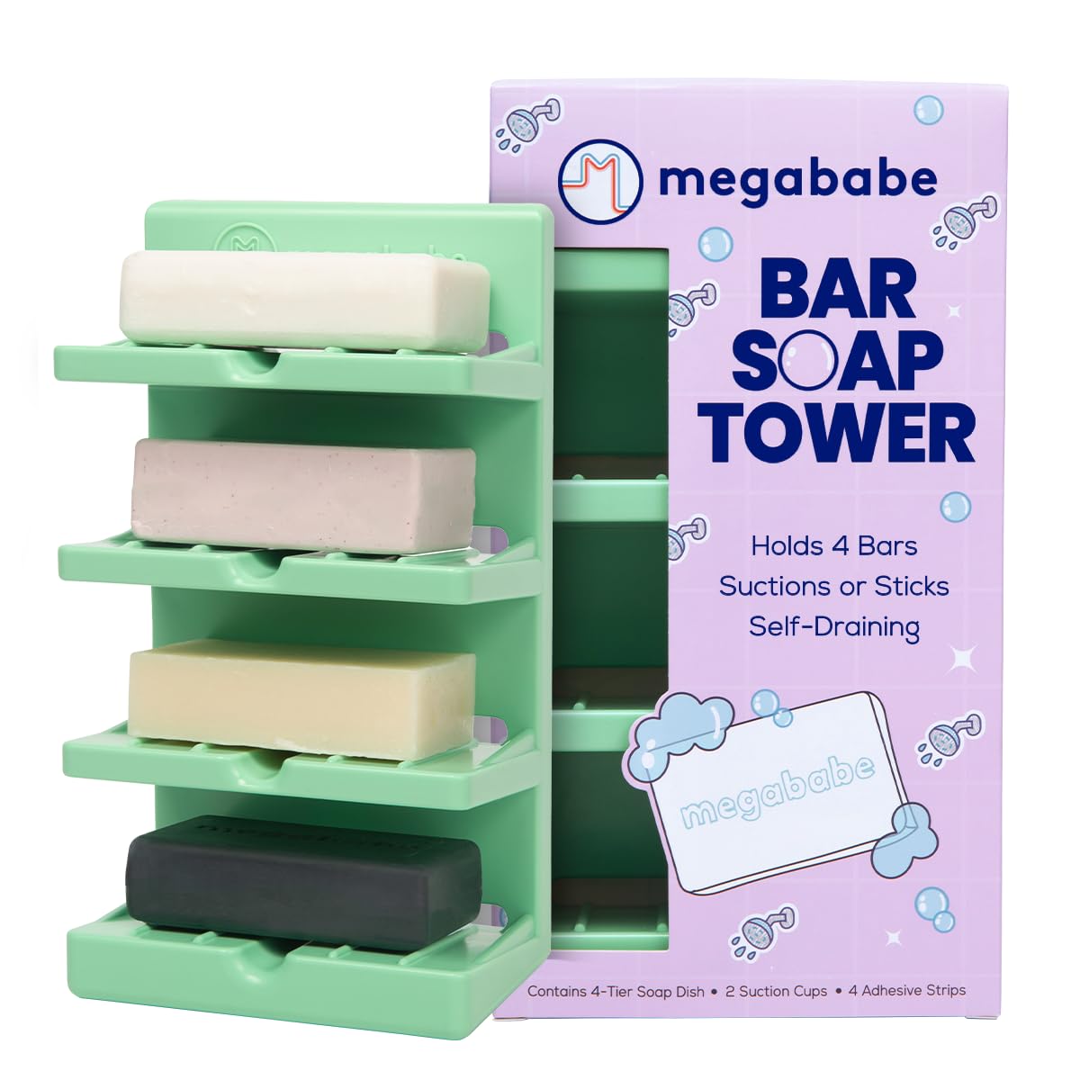 Megababe four-tier bar soap tower on a bathroom counter for organized showers.