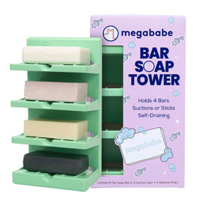 Megababe four-tier bar soap tower on a bathroom counter for organized showers.