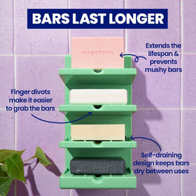 Megababe self-draining bar soap tower keeps bars dry between uses.