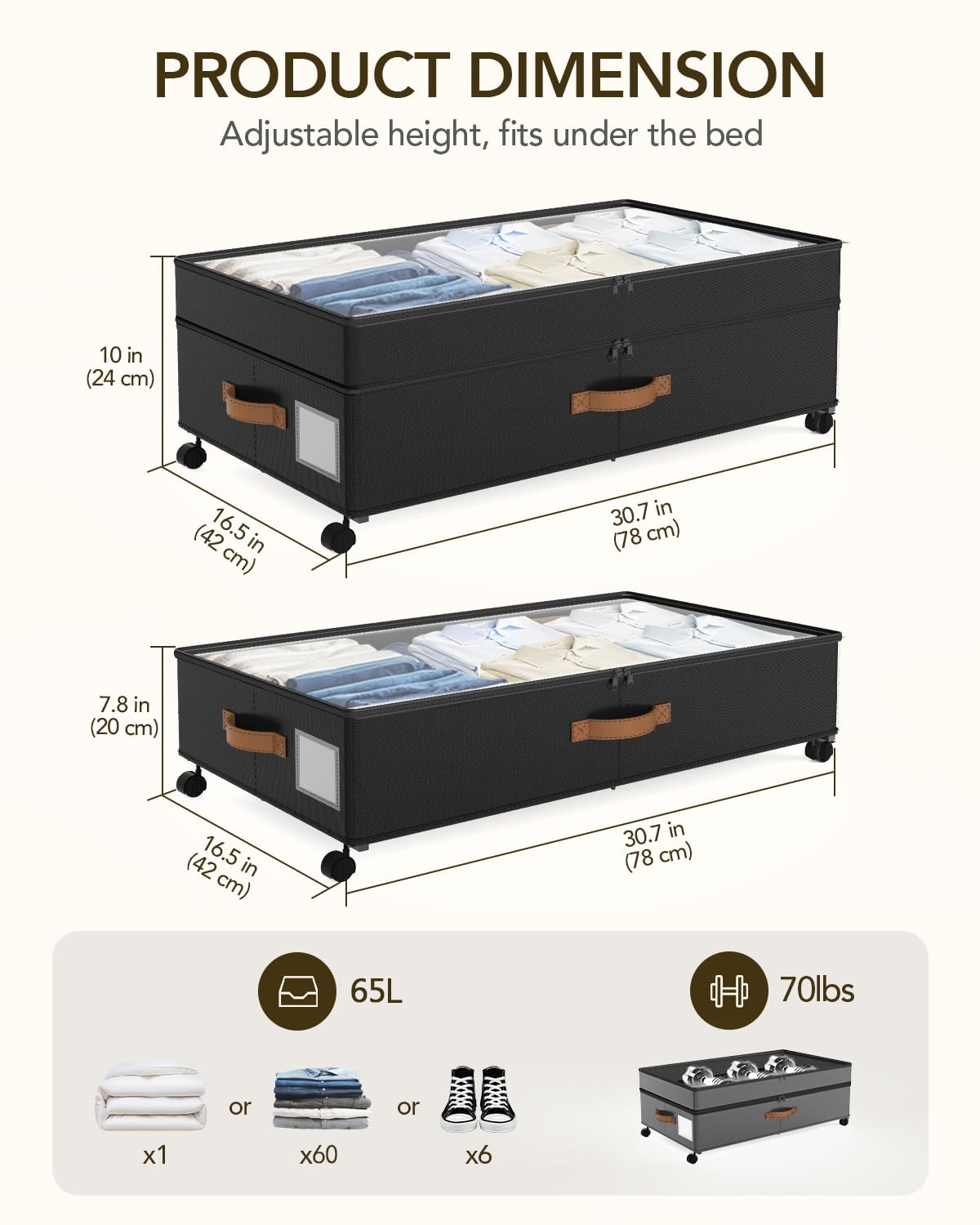 Megapuxin under-bed storage with transparent lid for quick item identification.