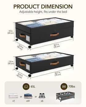 Megapuxin under-bed storage with transparent lid for quick item identification.