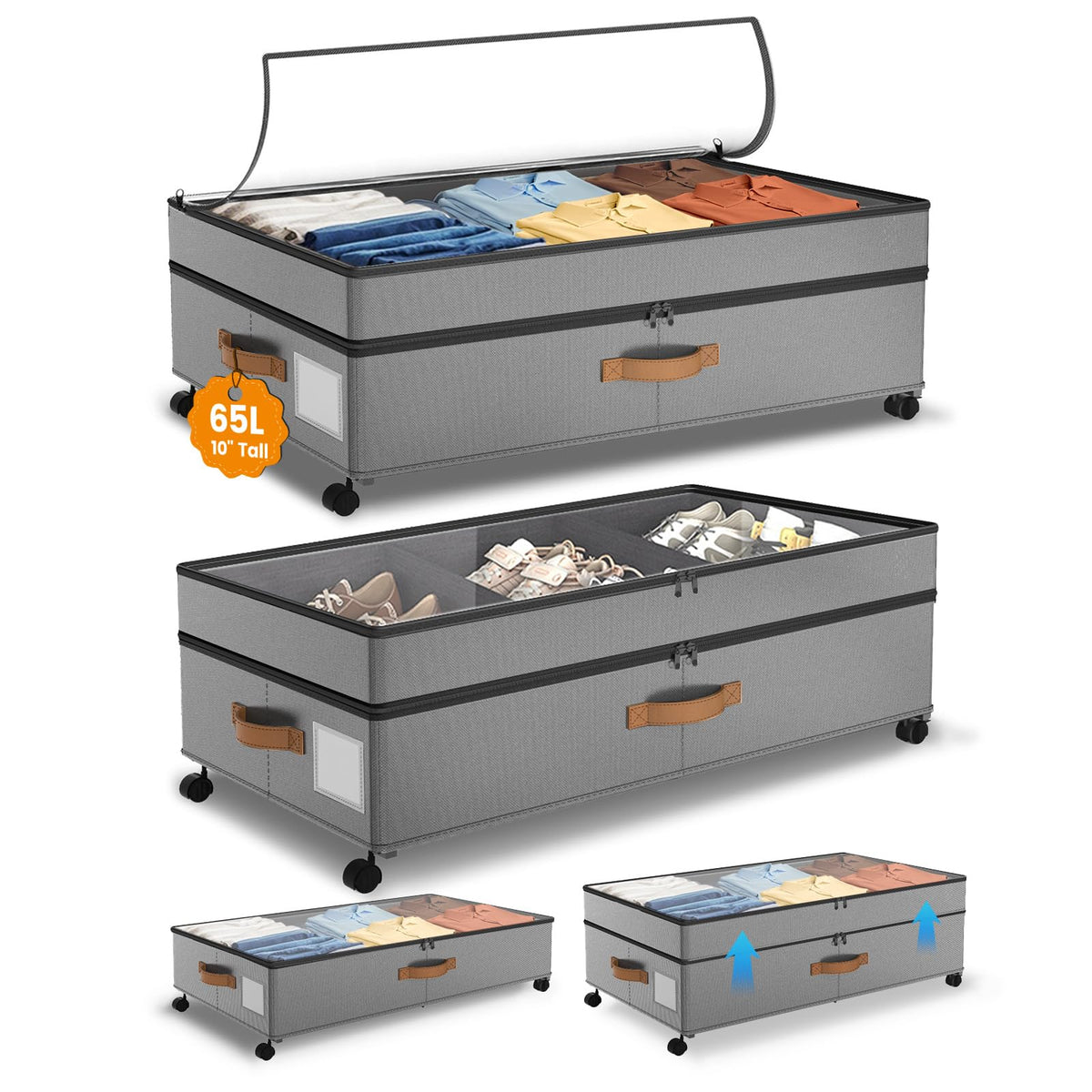 Megapuxin under-bed storage with wheels showing 65L capacity for organized clothing
