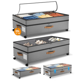 Megapuxin under-bed storage with wheels showing 65L capacity for organized clothing