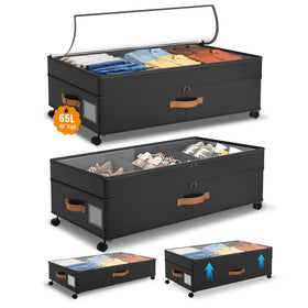 Megapuxin under-bed storage with wheels shows 65L capacity for clutter-free rooms.