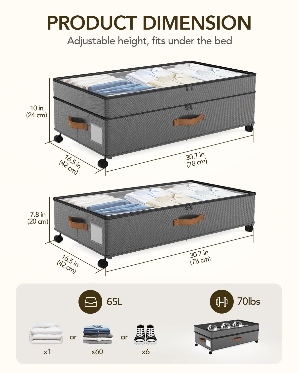 Megapuxin under-bed storage with wheels highlights adjustable height for bed clearance