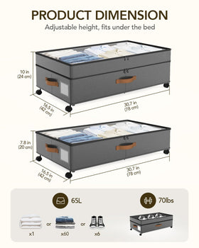 Megapuxin under-bed storage with wheels highlights adjustable height for bed clearance