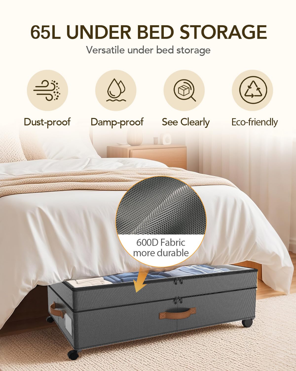 Megapuxin under-bed storage with wheels features a clear lid and labeling for quick checks