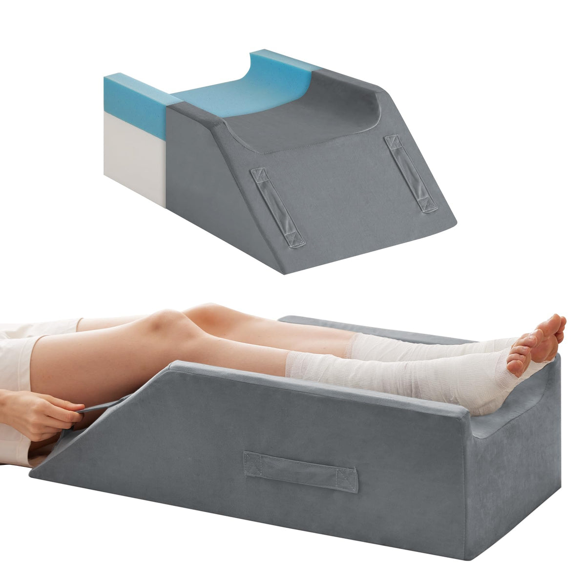 MEGCXIT double leg elevation pillow in use for post-surgery comfort.