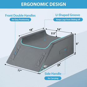 MEGCXIT leg elevation pillow shows 45-degree incline to improve leg circulation.