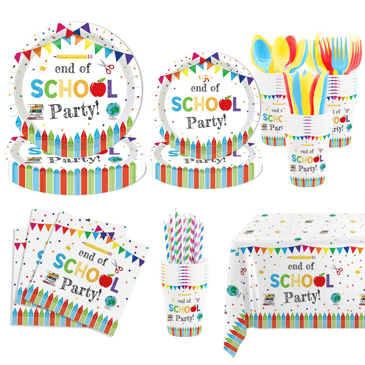 MEHOFOND 9-inch plates with colorful school design for main course meals