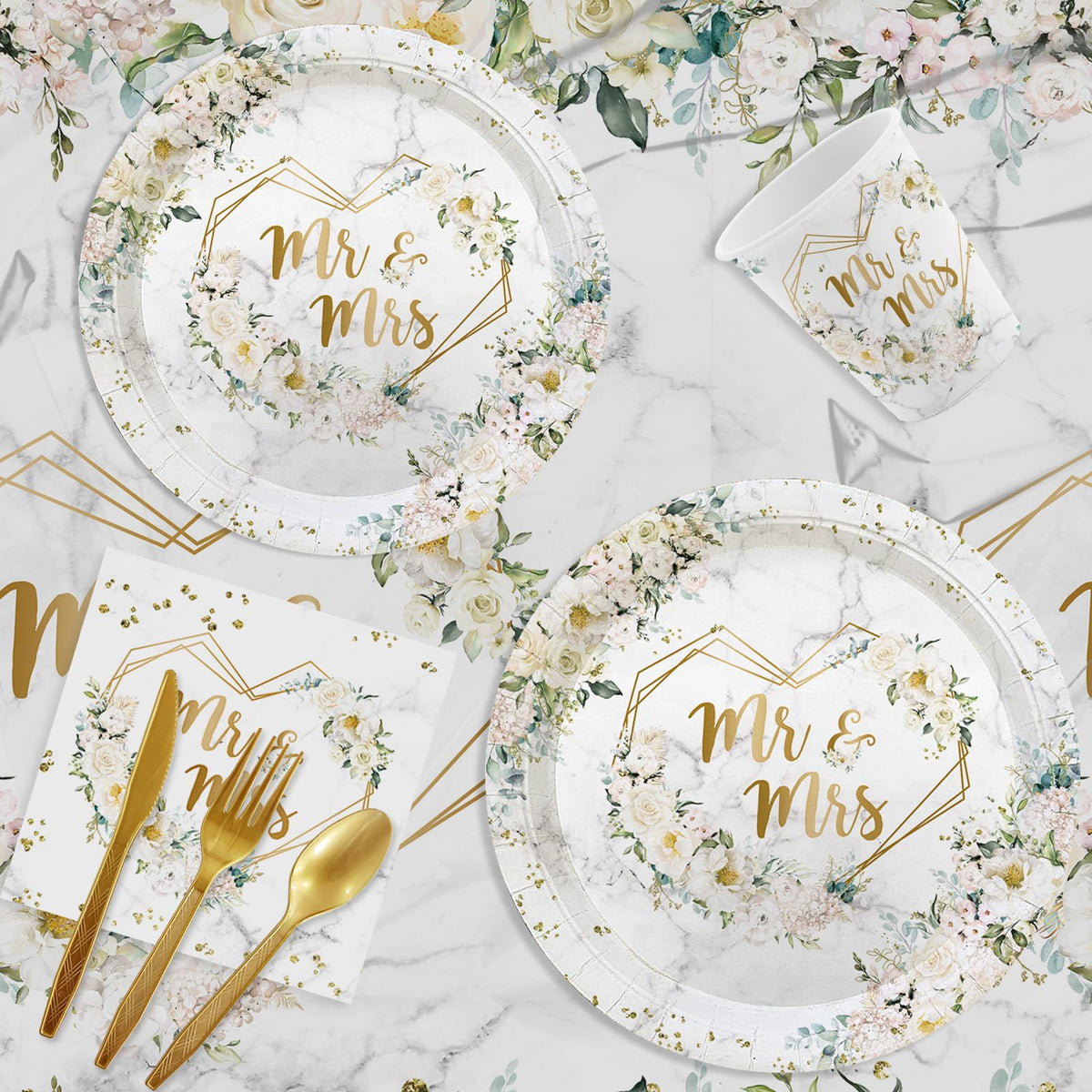 MEHOFOND floral gold pattern dinner plates elevating the reception tables.