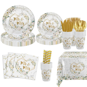 MEHOFOND Mr and Mrs gold text plates for an elegant wedding setting.
