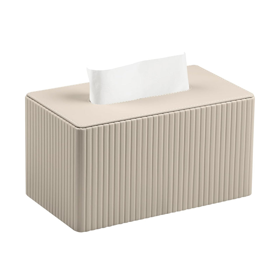 MEIBOOCH extra-large tissue box cover in beige fitting 180–230 count boxes with PU leather
