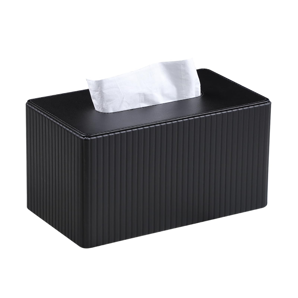 Meibooch extra-large tissue box cover front view shows black PU leather for stylish organization.