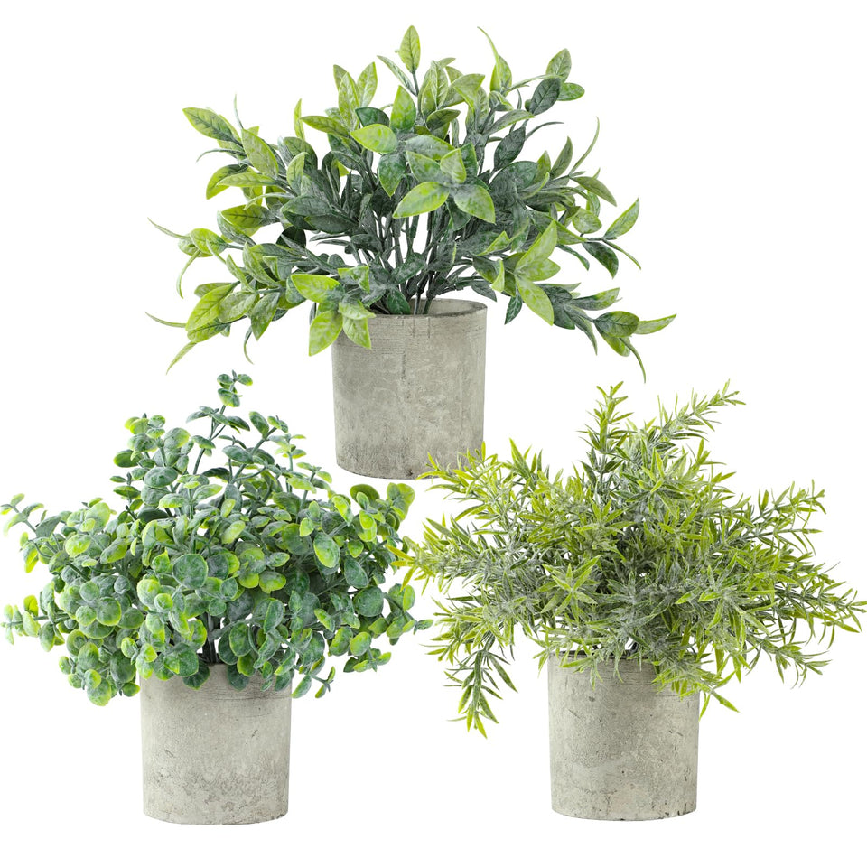 Meinature life-like potted plant 3-pack enhances desks with maintenance-free greenery.