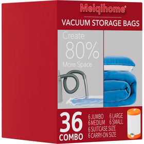 Meiqihome vacuum seal bags 36-pack with pump, ready for travel and home storage.