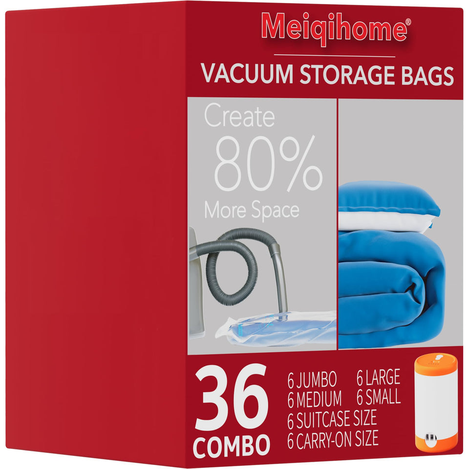 Meiqihome vacuum seal bags 36-pack with pump, ready for travel and home storage.