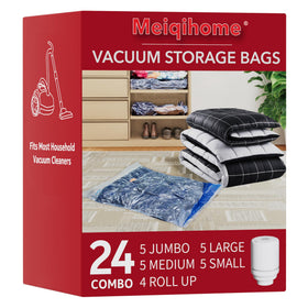 MEIQIHOME vacuum seal bags showing a compressed comforter for space-saving storage
