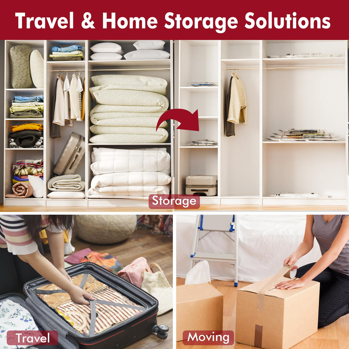 Meiqihome jumbo-size vacuum bag in use, saving space in luggage.