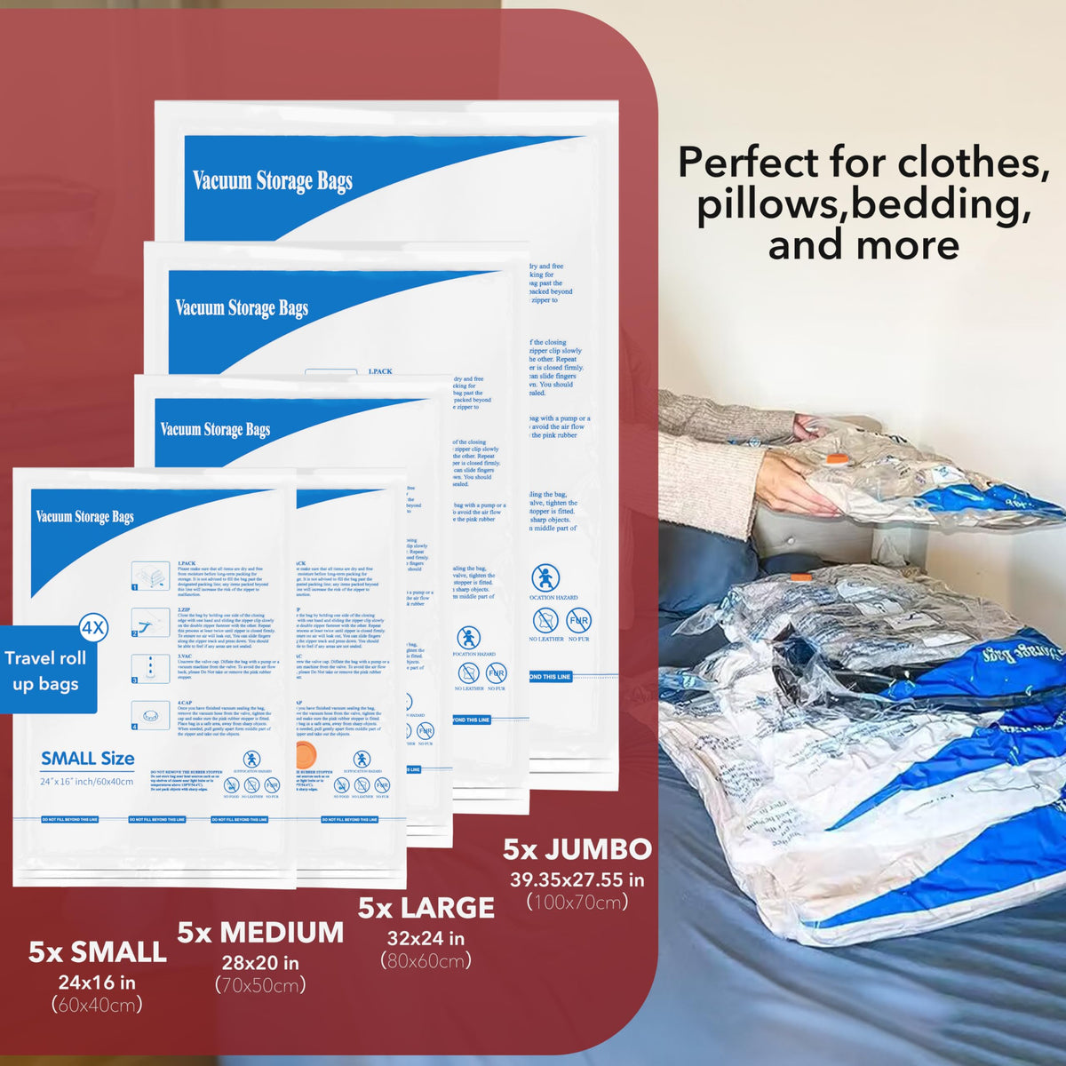 MEIQIHOME vacuum seal bags with pillows packed for travel and home storage