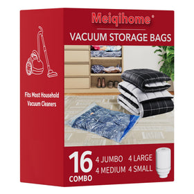 MEIQIHOME vacuum storage bags with electric pump for quick space-saving clothing compression.