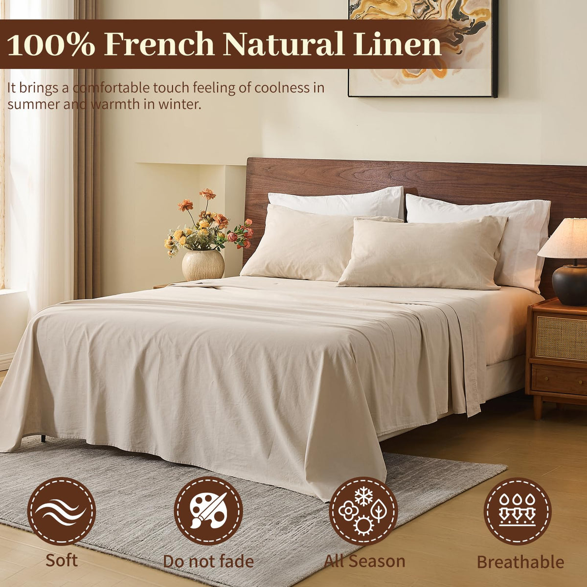 Meishang linen sheets king flat sheet on bed shows ample fabric for smooth layering