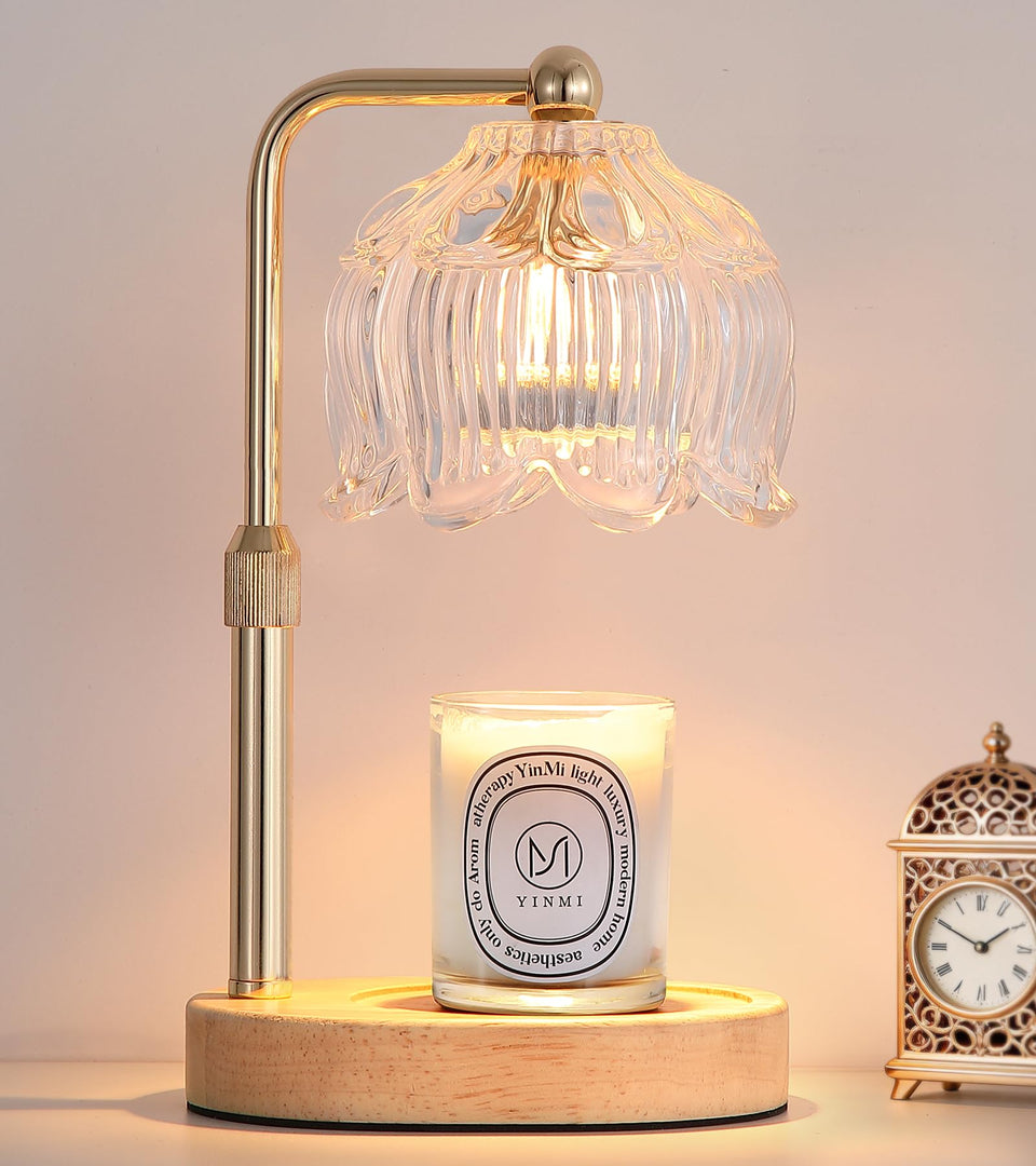 MEIXISUE Gold Candle Warmer Lamp with flower glass shade for elegant, flame-free ambience.